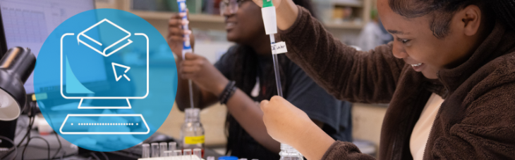 banner image of student using equipment in a lab with icon overlayed