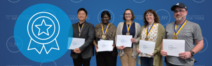 5 winners of the Chancellor's Excellence Award hold their certificates and wear their medallions