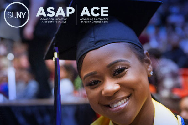 Female student in cap and gown at graduation with SUNY ASAP-ACE logo set on top.