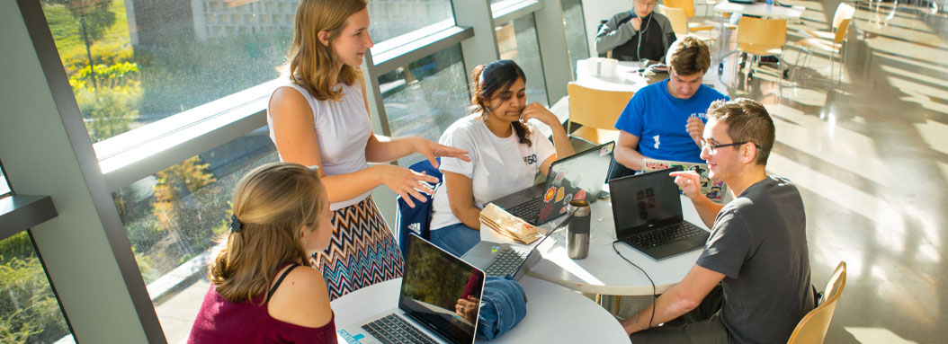 Groups of students study in a UBuffalo student union.