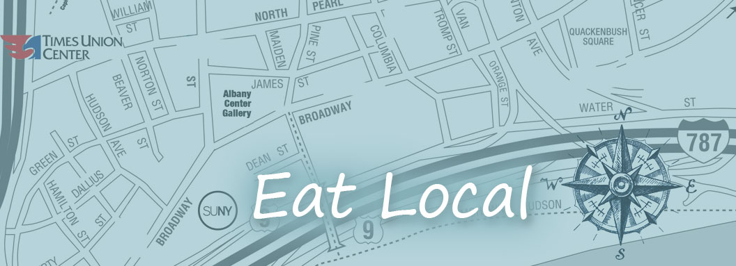 map of downtown Albany with restaurants pin pointed on it.